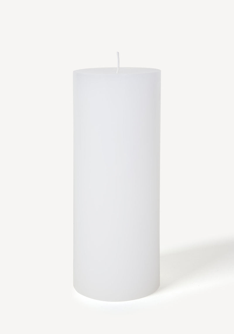 Hand poured Danish unscented white pillar candles available in three sizes for everyday use shown in medium
